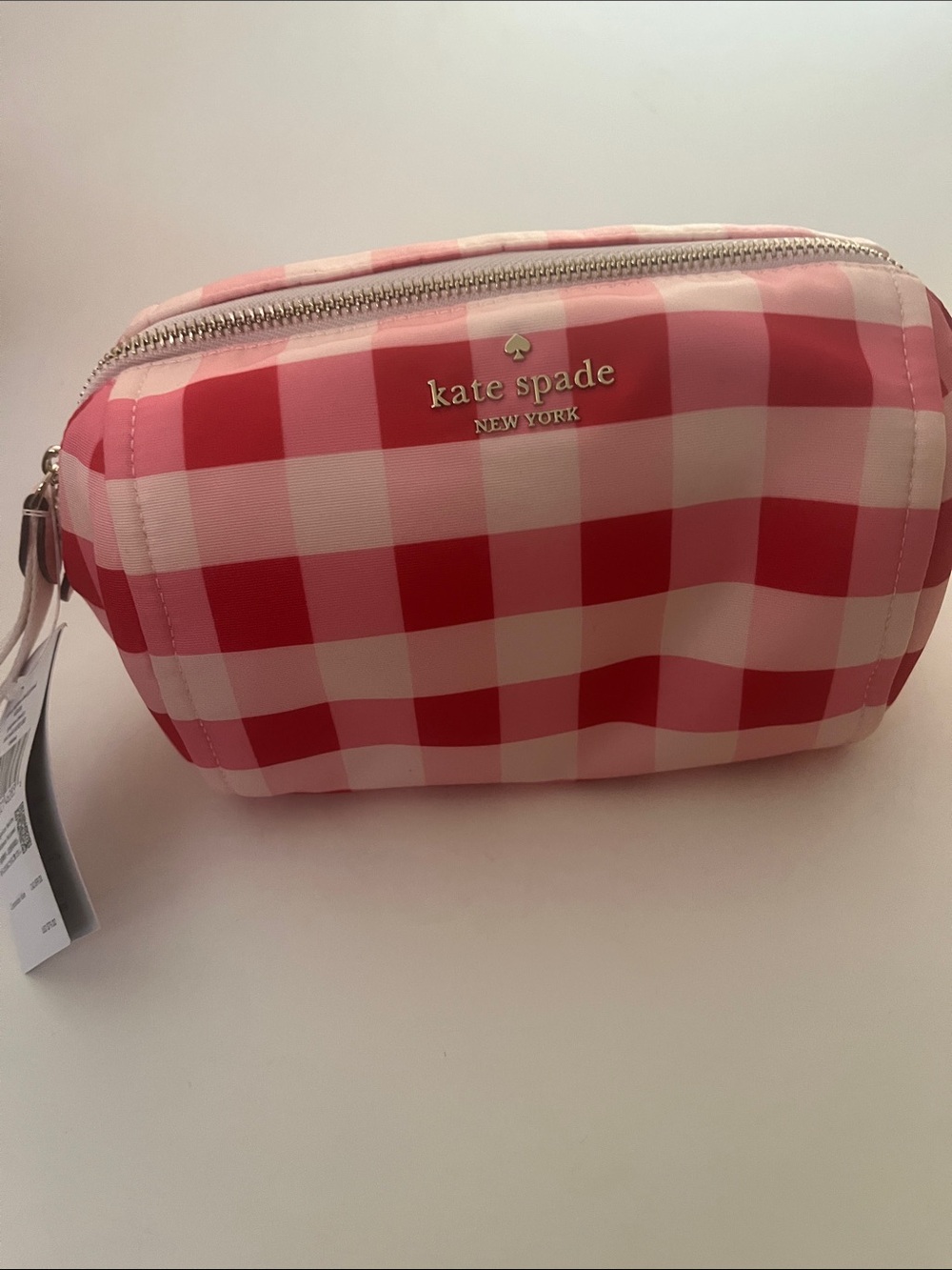 kate spade Pink and White Gingham Makeup Pouch with Gold Logo